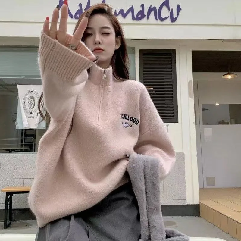 

American Stand Neck Sweater Women Korean Retro Embroid Half Zipper Soft Lazy Solid Thick Loose Winter Lady Knitwear Pullover Top