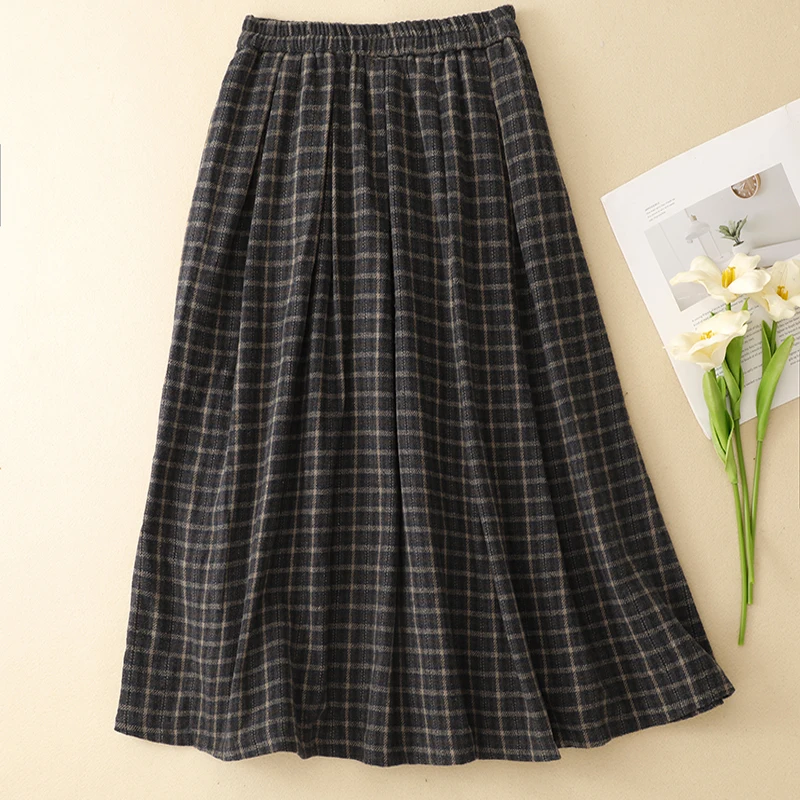 Spódnica w kratę Thiened, krój A, brązowa, z wysokim stanem, elastyczna talia, wełniana, długa spódnica, jesień-zima, uniwersalna, do pracy, ciepła.