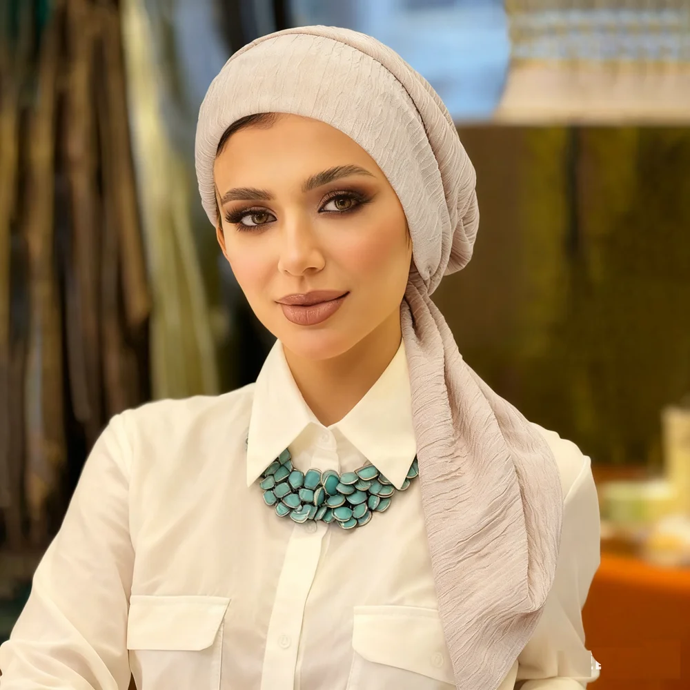 Pre Tied Turban Indian Hat Women Chemo Cap Muslim Hijab Long Tail Headscarf Head Wrap Bandanas Headband Modest Fashion Turbante