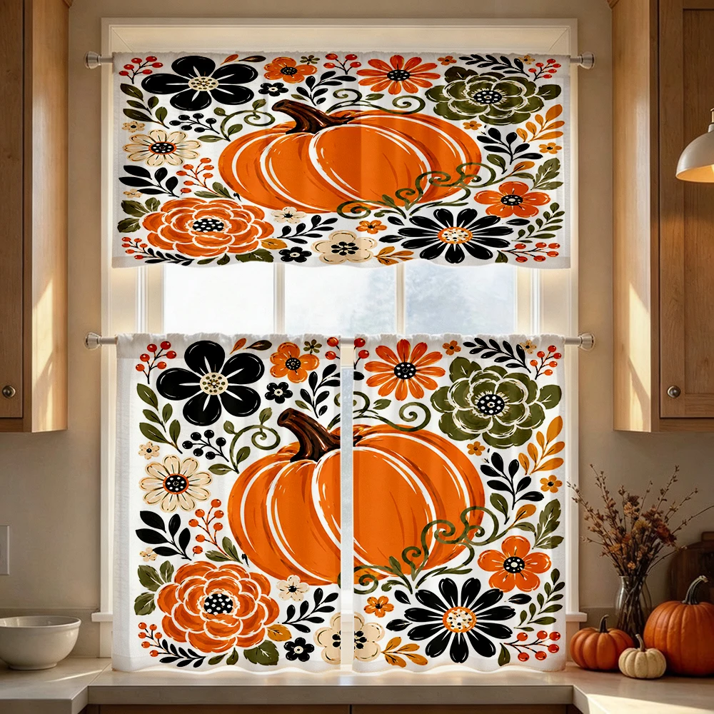 Thanksgiving Fall Kitchen Curtains, Large Pumpkin Flower, Digital Print, Kitchen Dining Room, Rod Pocket Polyester, Home Decor
