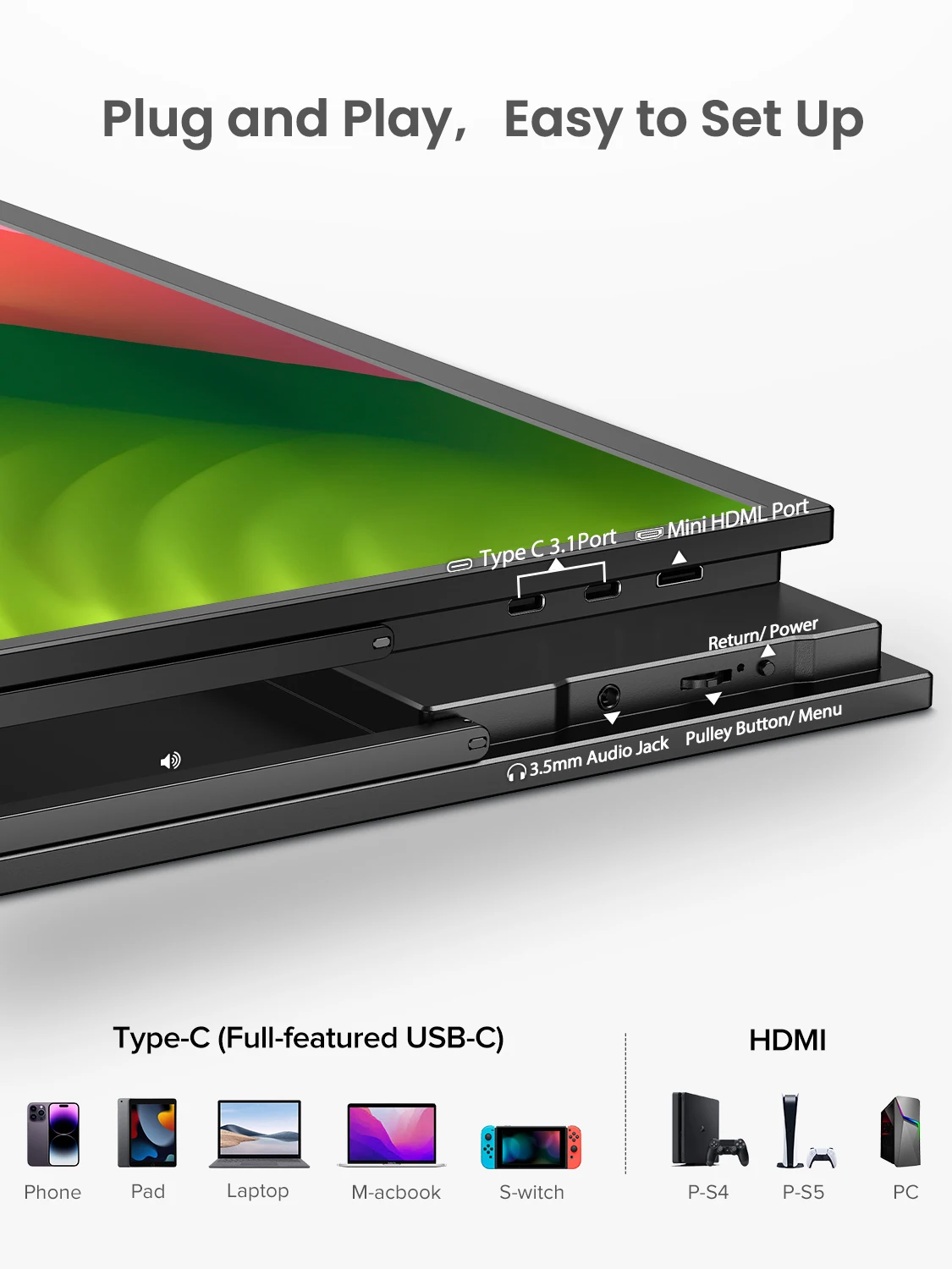 شاشة كمبيوتر UPERFECT مقاس 18.5 بوصة، موسّعة لشاشة الكمبيوتر المحمول PS4/5 Switch، شاشة ألعاب 120 هرتز، مكبرات صوت مدمجة، حامل، وVESA