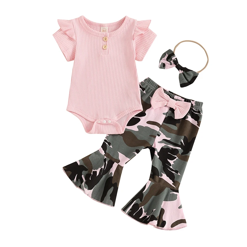 

Baby Girls Set Ruffled Short Sleeve Round Neck Romper Camouflage Print Flare Pants Hair Band Outfits