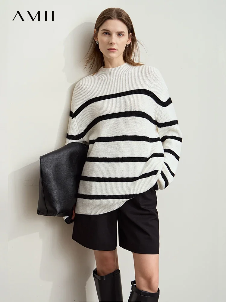 

AMII Minimalism Women's Casual Half High Neck Sweaters French Contrast Color Stripe Drop Shoulder Sleeve 2024 Winter 12454034