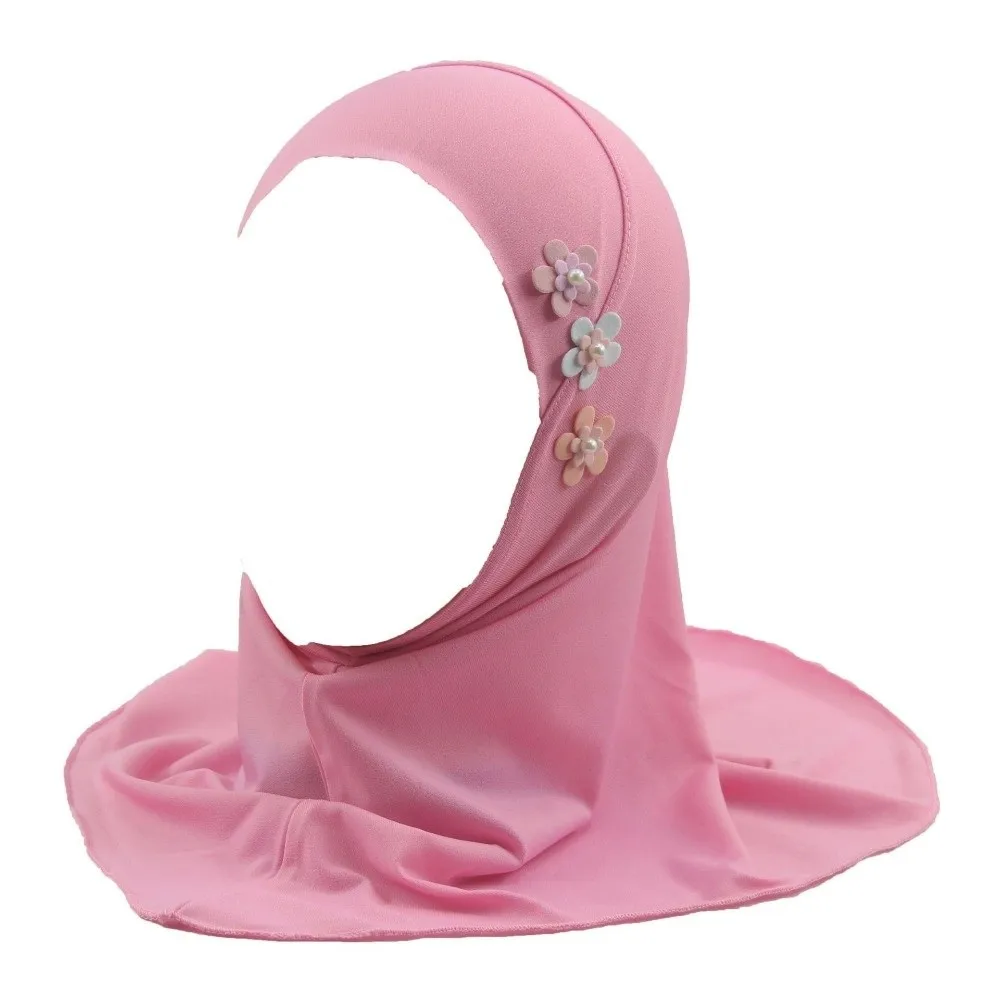 Soft Little Girls Pull-On Hijab with Floral Ornament Stretch Head Wrap Turban Non-slip Solid Colors Crystal Linen Headscarf