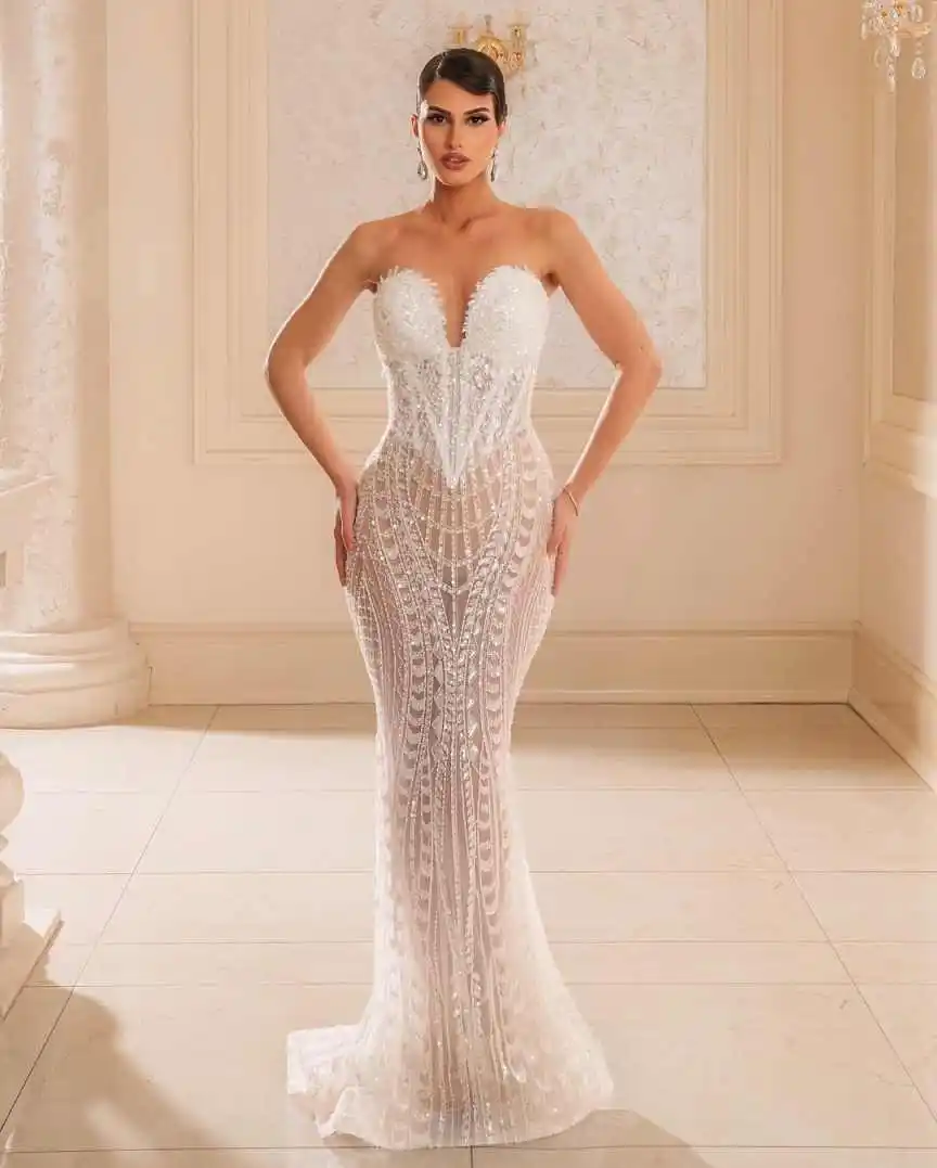 Gorgeous Mermaid Gown Wedding Dress Strapless Sequined Appliques Special Design Detachable Train Vestido De Noiva Customized