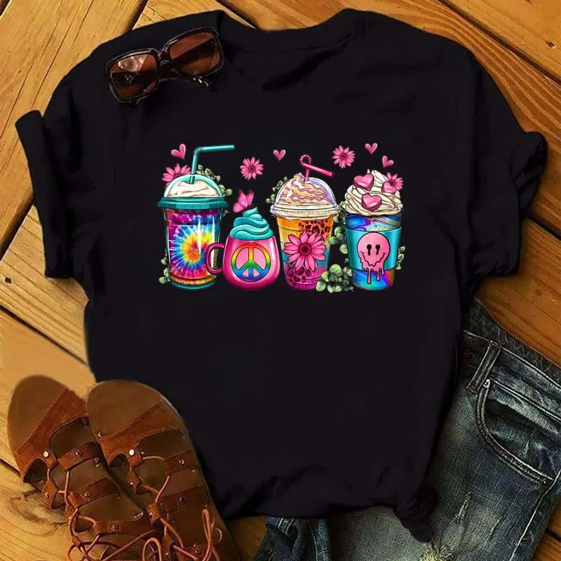 Maycaur Fashion Watermelon Coffee Printed Women T-shirts 90s Trend Cute Short Sleeve Women Female Graphic Tee Streetwear Clothes