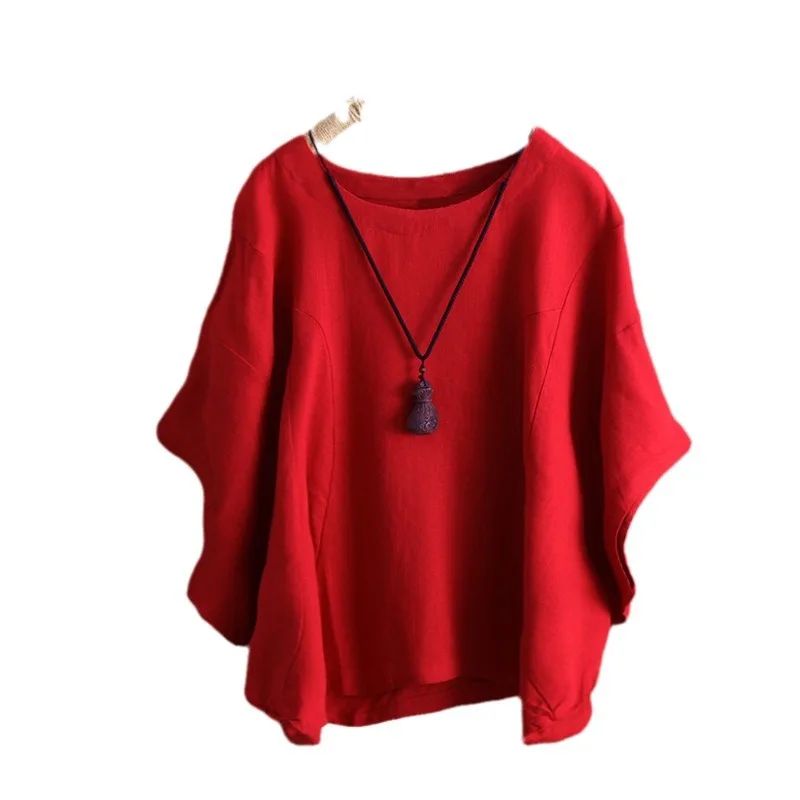 

Women's Casual Cotton and Linen Pile Sleeves Shoulder Large Size T-Shirt New 2025 European and American