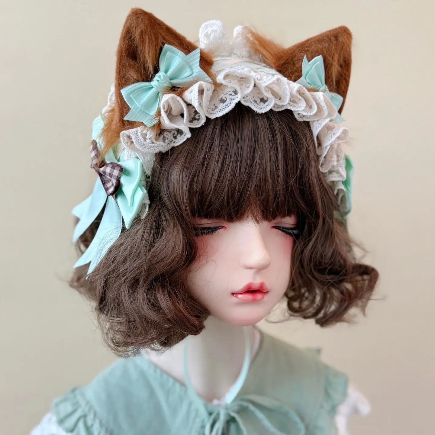 Original Handmade Brown Plush Cat Ear Headband Animal Ear Lolita Lace Bnt Mint Chocolate Headwear