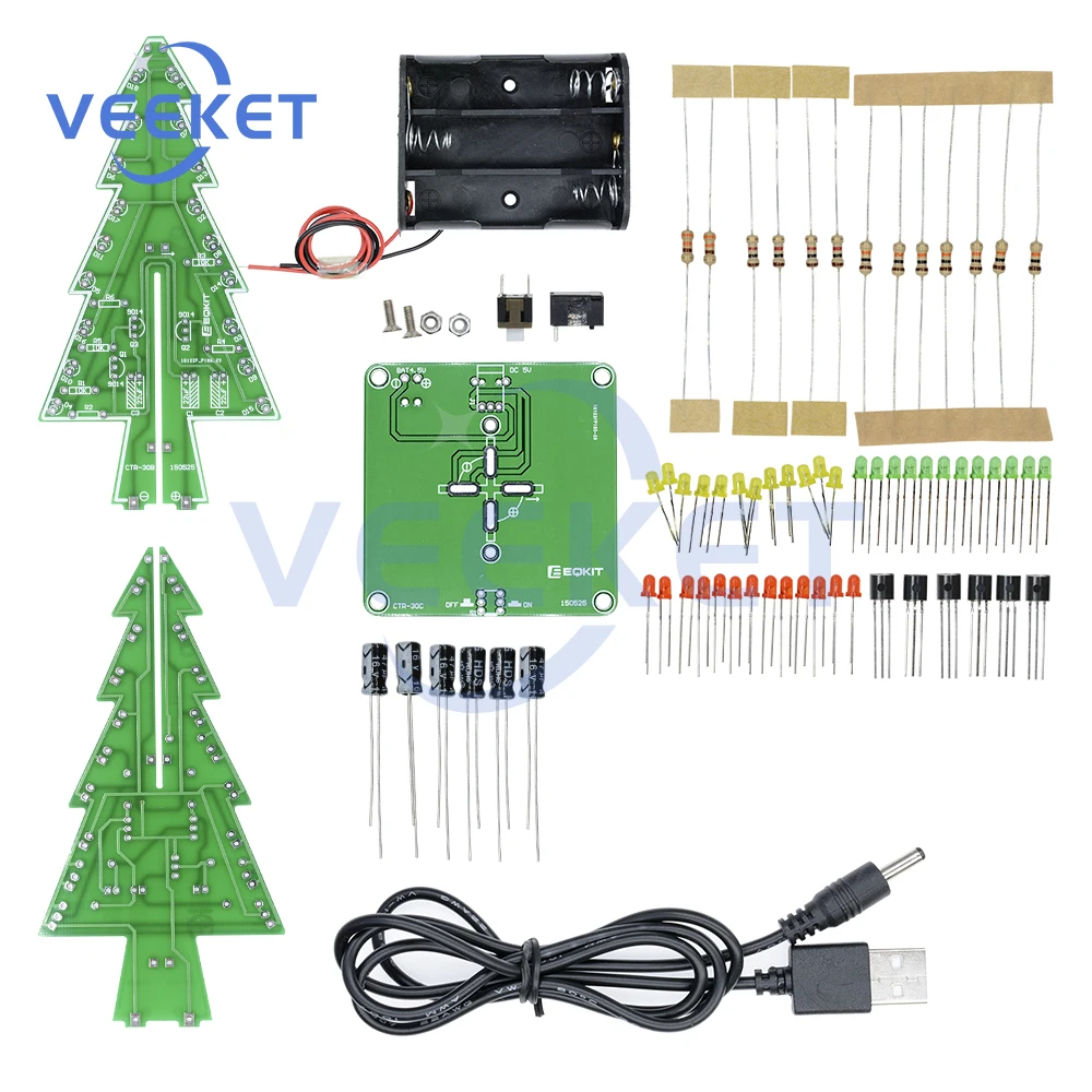 3D Christmas Tree LED DIY Kit Red/Green/Yellow LED Flash Circuit Electronic Fun Suite Christmas Gift