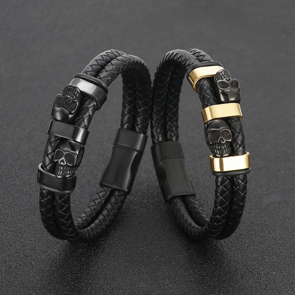 ZG Fashion Men's Stainless Steel Skull Bracelet Genuine Leather Hand-Woven Leather Bracelet Jewelry Gift