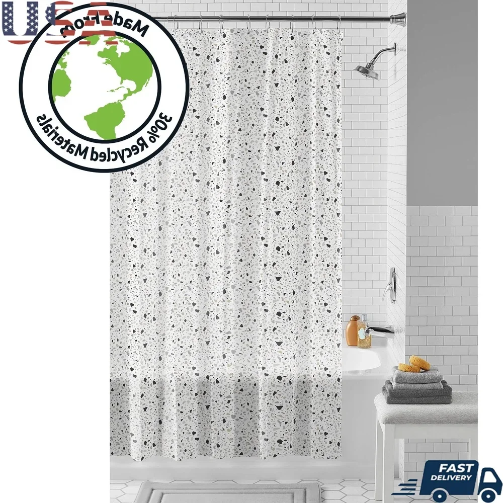 

Eco-friendly Waterproof PEVA Shower Curtain Set with 12 Roller Hooks 13-piece Black White Terrazzo Pattern Easy Clean Recycled