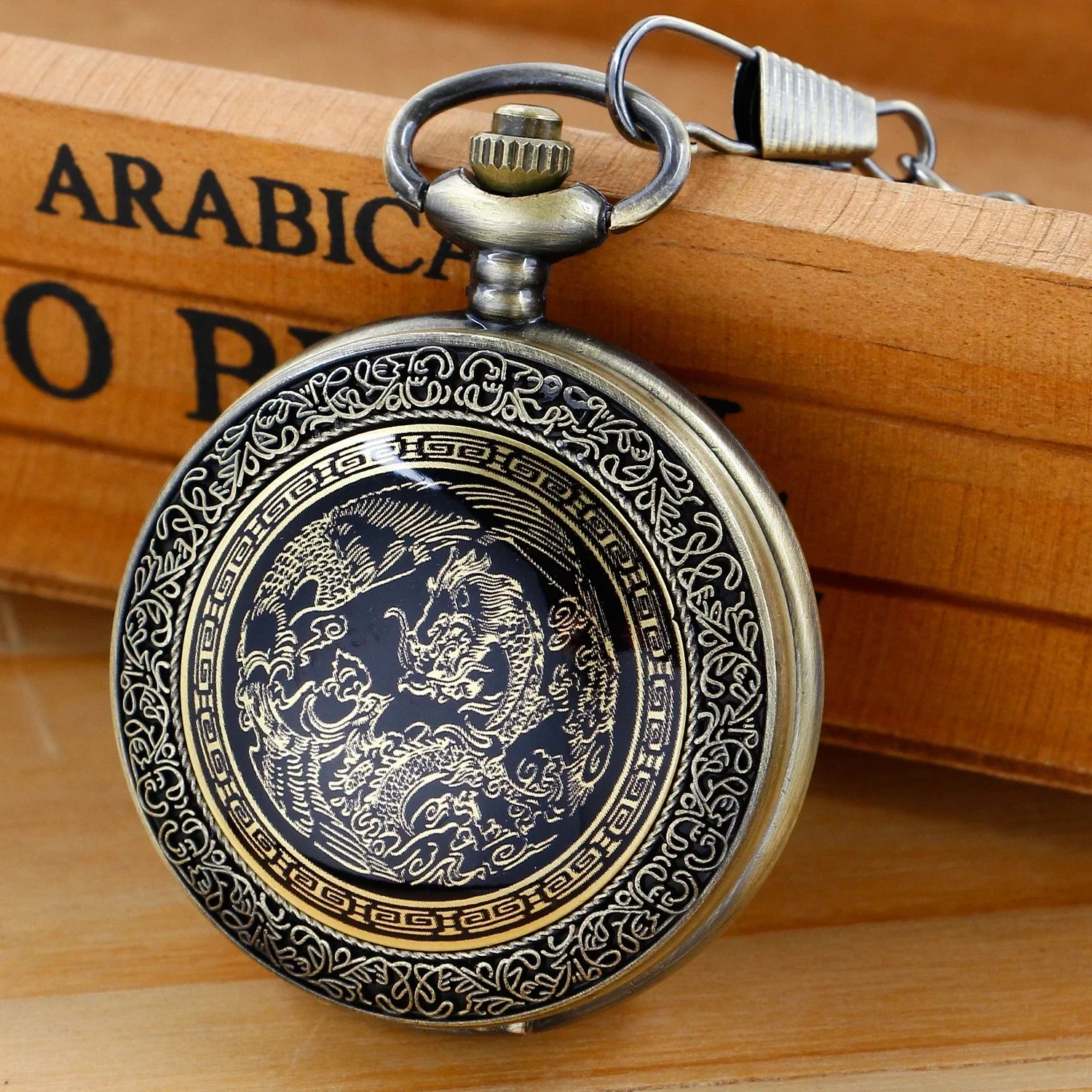 Vintage Chinese Design Dragon Quartz Pocket Watch Flip White Dial Necklace Chain Pocket FOB Clock Gift for Men