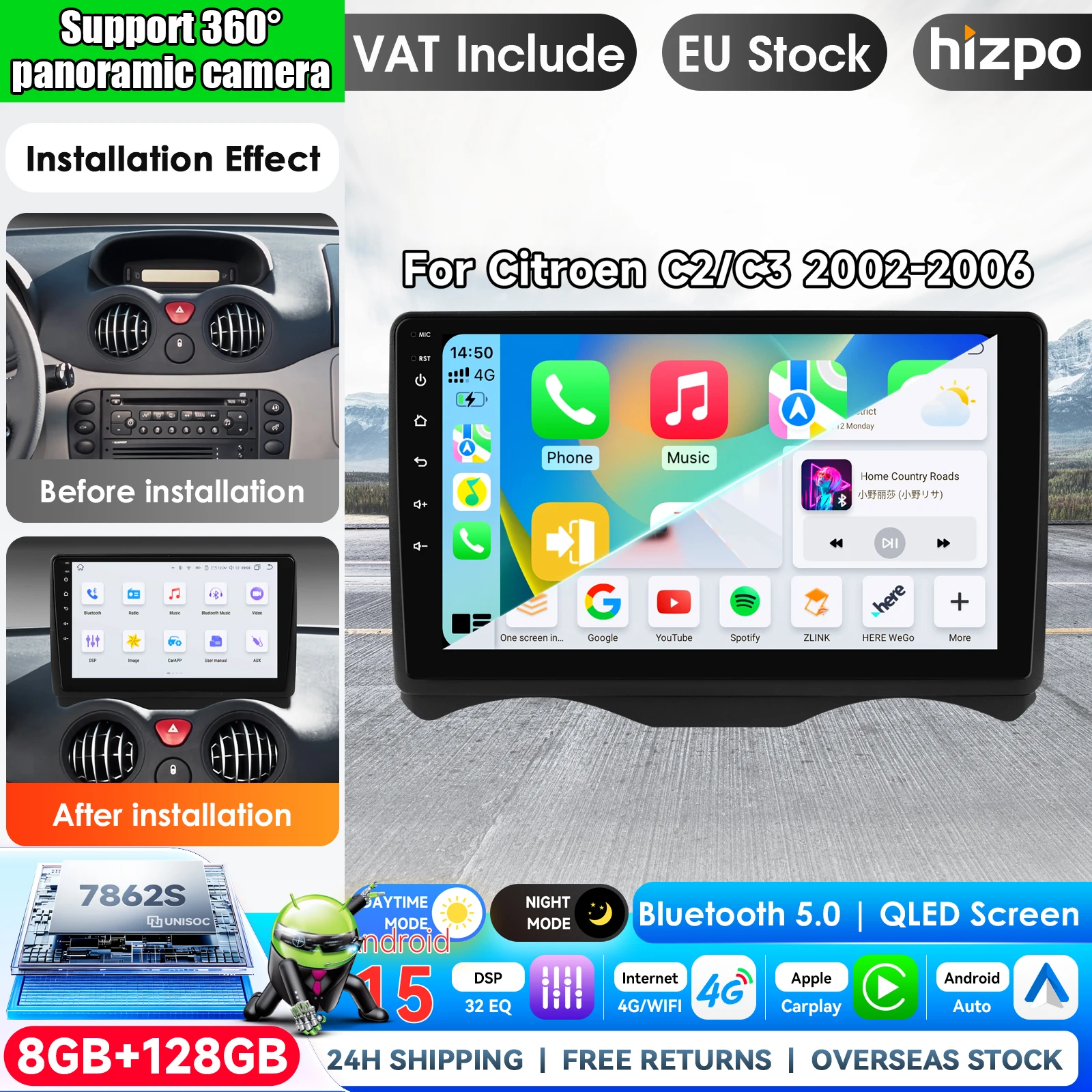 Für Citroen C2 C3 2002 2003 2004 2005 2006 Android Autoradio Multimedia-Player Navigation GPS Carplay QLED Touchscreen Auto-Stereoanlage mit Qualcomm und Apple CarPlay Smart Intelligent Systems 2 Din
