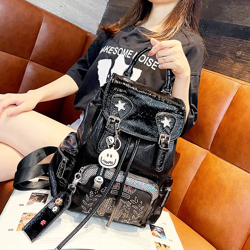 Women's Casual Versatile Fashion Backpack Large Capacity Drawstring Lightweight Travel Bag British Style Diamond Shoulder Bag