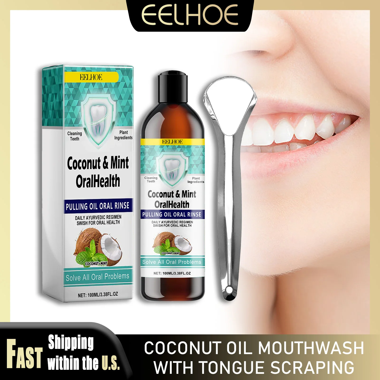 

EELHOE Coconut Mint Oil Mouthwash With Tongue Scraper Pulling Breath Freshen Teeth Cleaning Alcohol-Free Oral Odor Removal Set