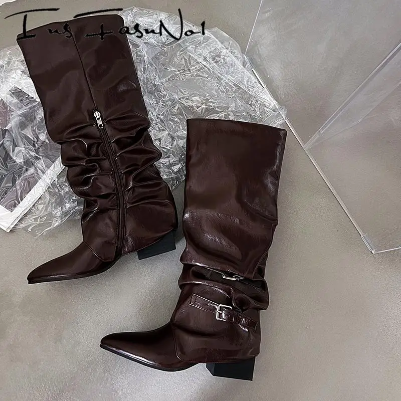 

Fashion Pointed Toe Belt Buckle Women Knight Boots Luxury Designer All Match Knee High Shoes Elegant Catwalk Modern Long Boots