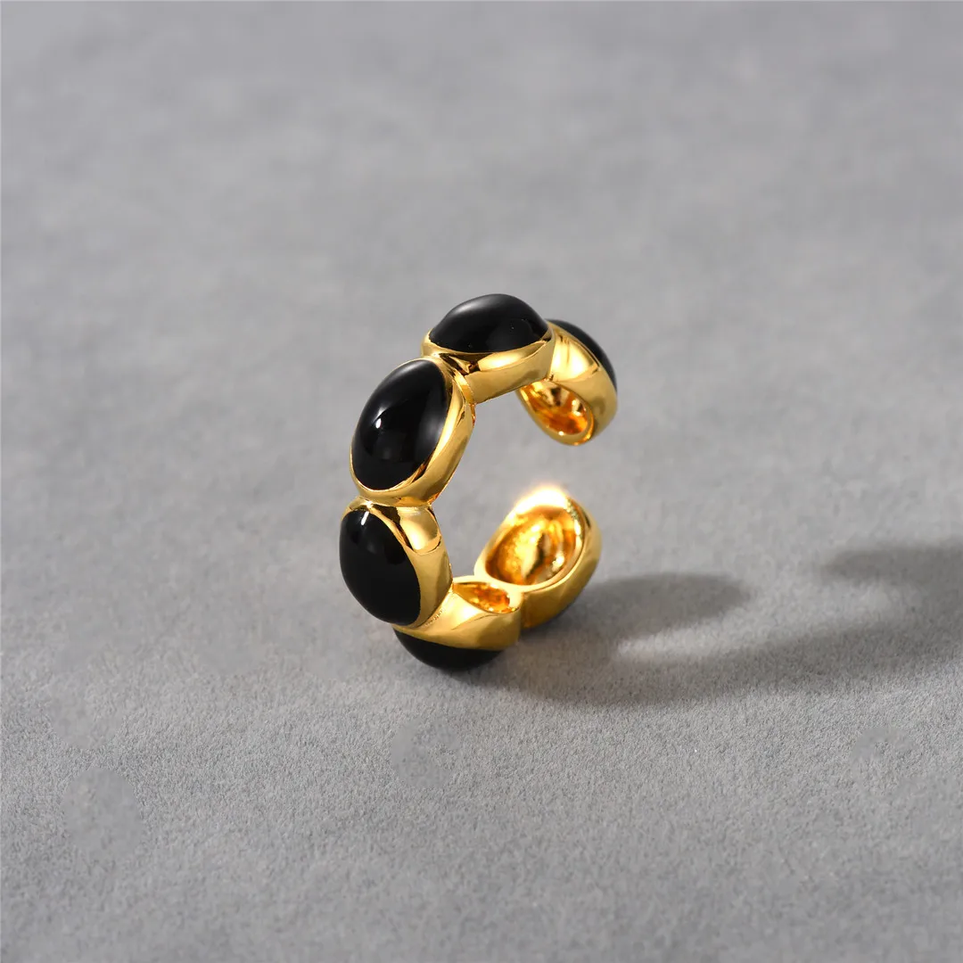 

1pc Freeshipping Fashion Natural Black Agate Open Size Ring 18k Gold Plated Black Stone Ear Cuff Non-piercing Earring For Women