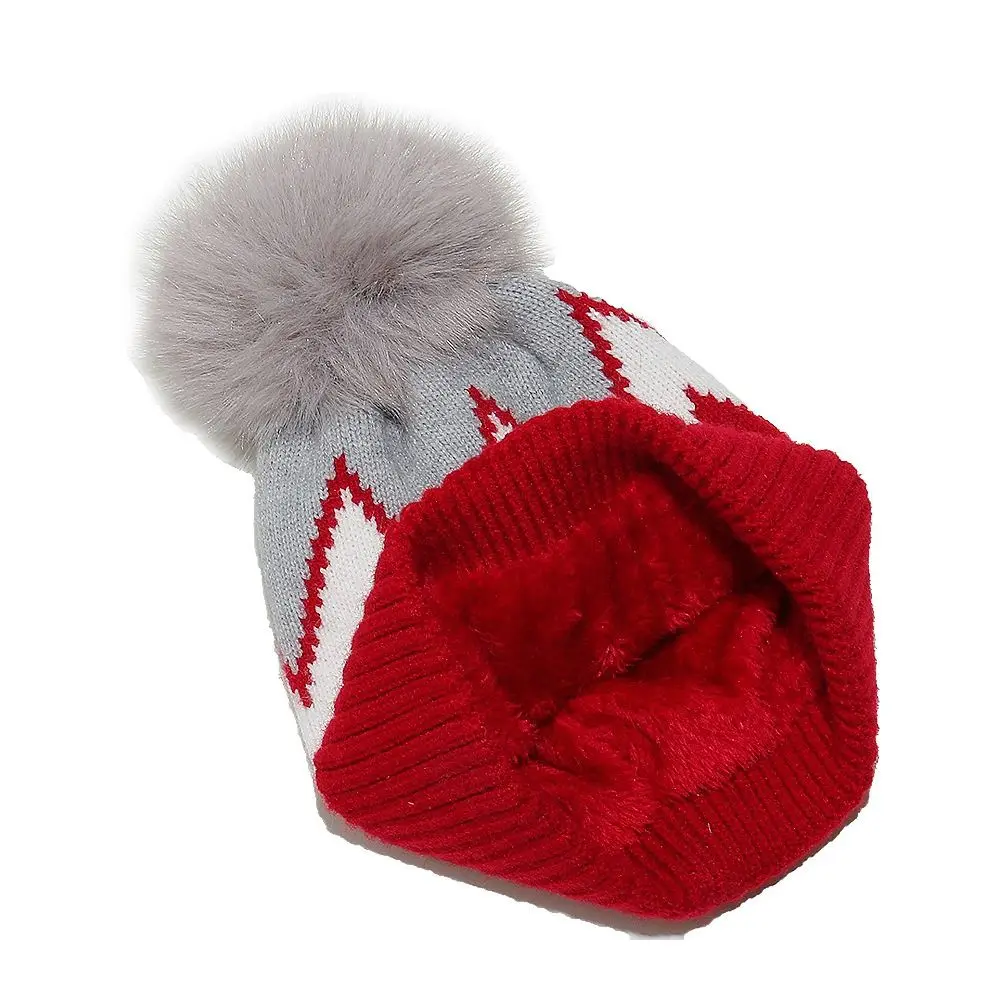 Cute Mixed Color Beanie Hat with Faux Fur Pompon Stripe Patterned Knitted Hat Keep Warm Bonnet