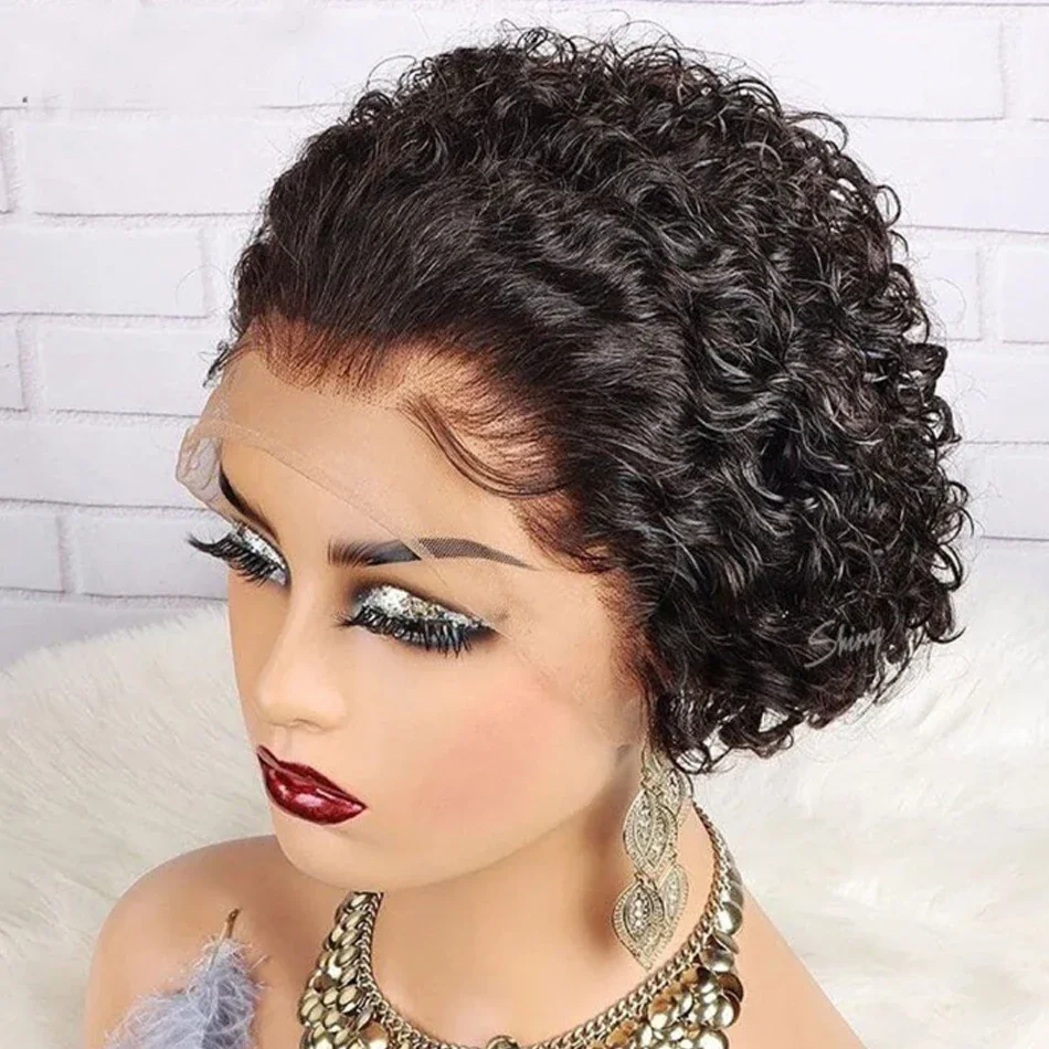 Curly Pixie Cut Wig Lace Human Hair Wig Water Wave Short Bob Wig for Women 13X1 Transparent Lace Wig Cheap Wig Ombre Burgundy