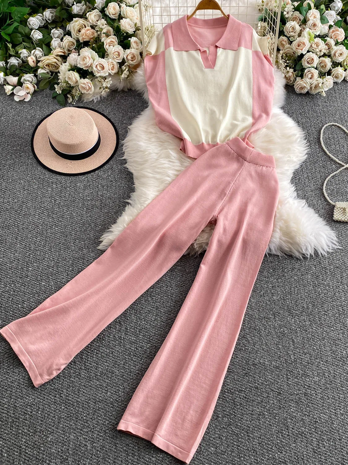 

2026 New Fashion Color Block Loose Short Sleeve Knitted Top High Waist Wide Leg Pants Two Piece Set Casual Comfortable Women'...
