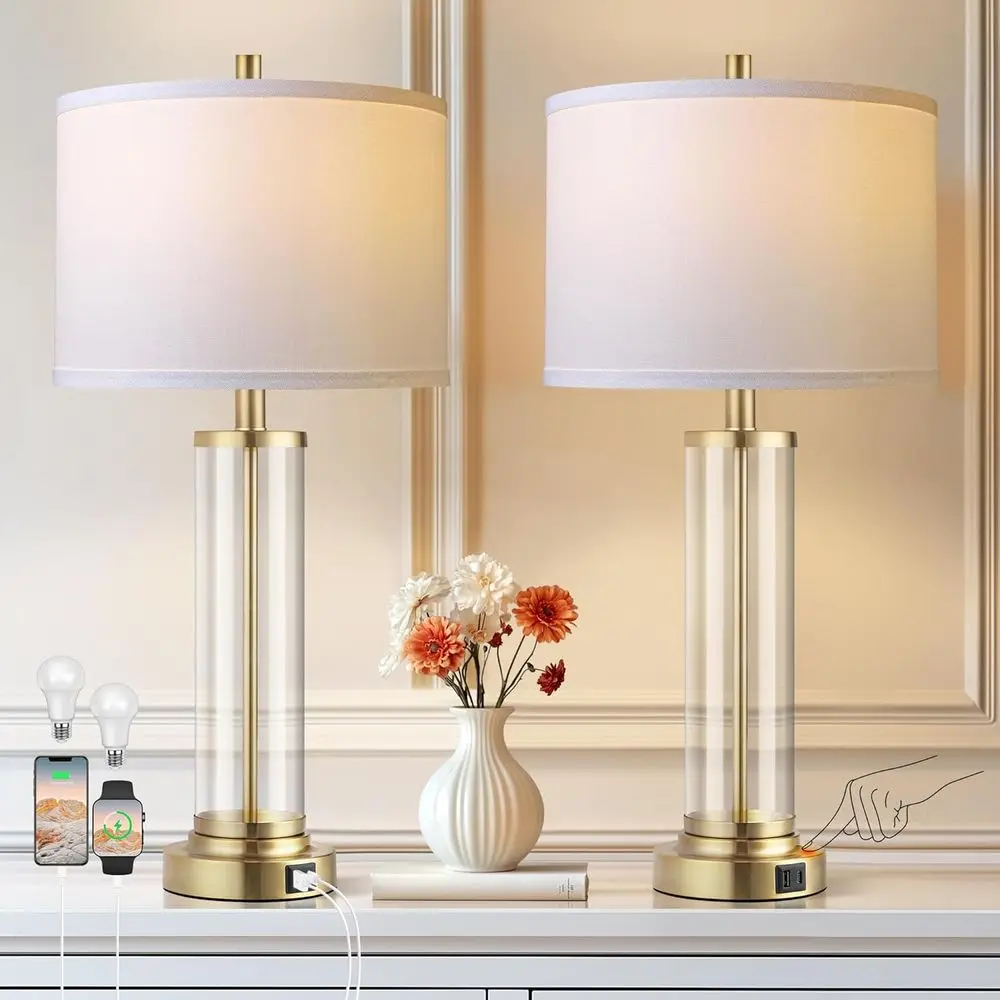 

Lamps for Bedrooms Set of 2, Touch Control Table Lamps with USB A+C Ports, 3-Way Dimmable Bedside Lamp with Fabric Lampshade, Mo