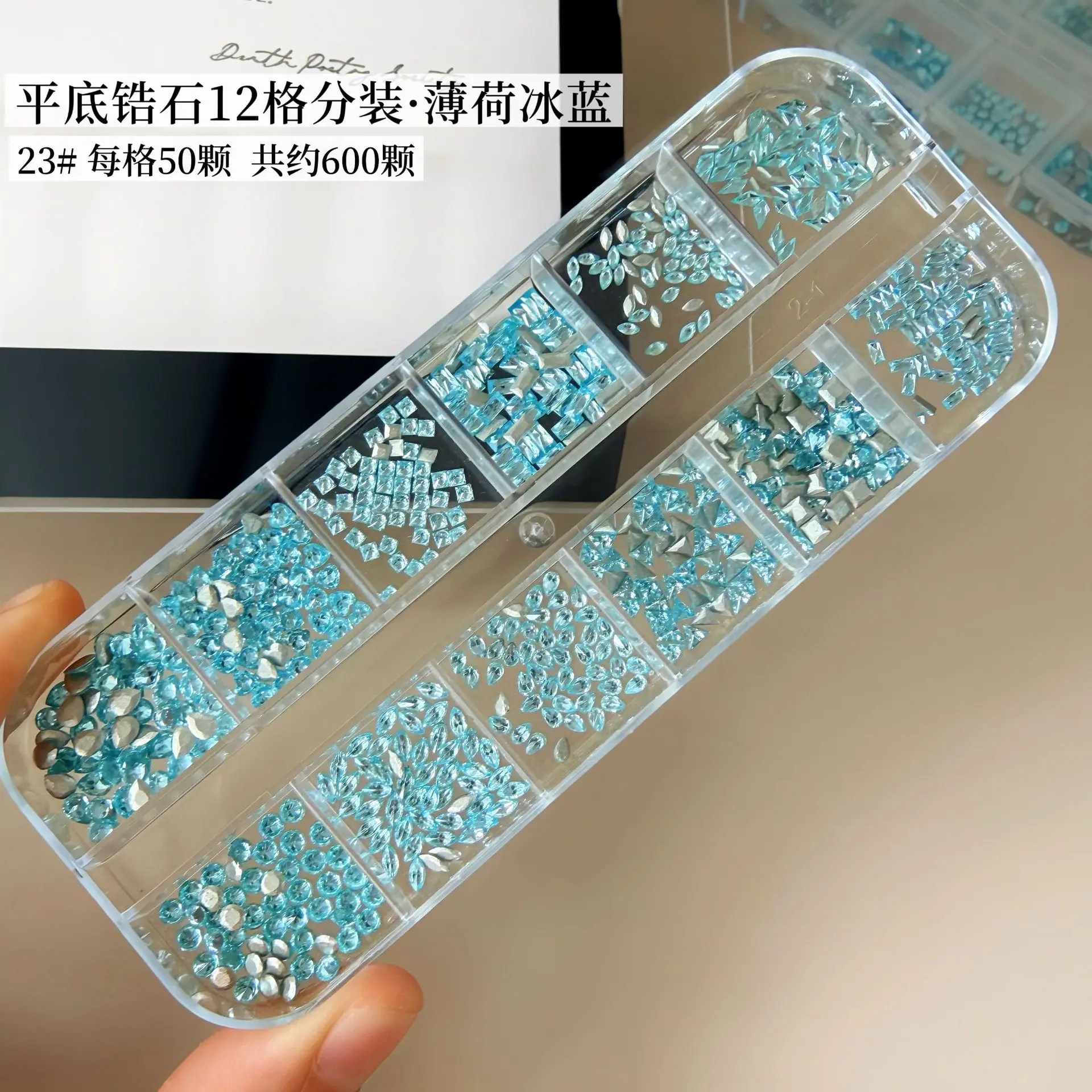 12 Grids Mint Ice Blue White Mix Shapes Mini Crystal Zircon Nail Charms 600Pcs Diamonds Rhinestones Decor DIY Manicure Suppliers
