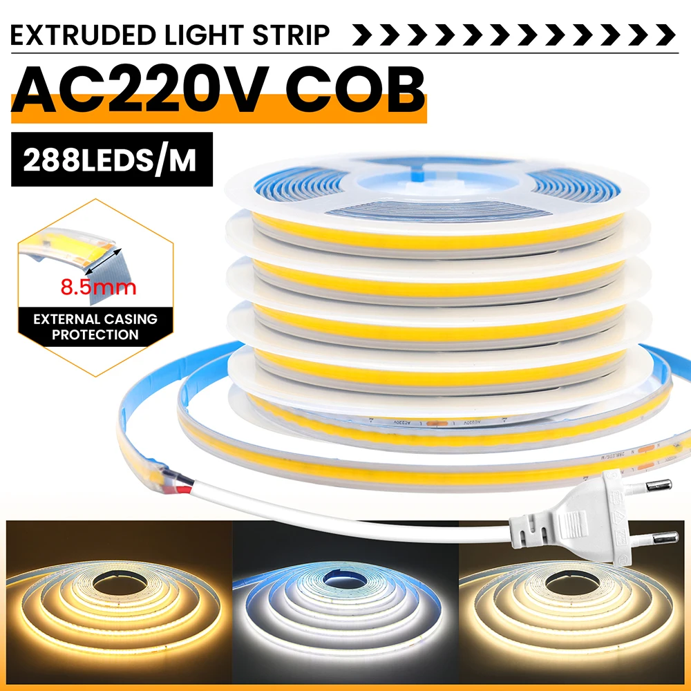 Tube Waterproof COB LED Strip Light Tape 3000k 4000k 6000k AC 220V 110V 288LEDs/m Flex Lamp with IC 2pin Connector/Power Plug
