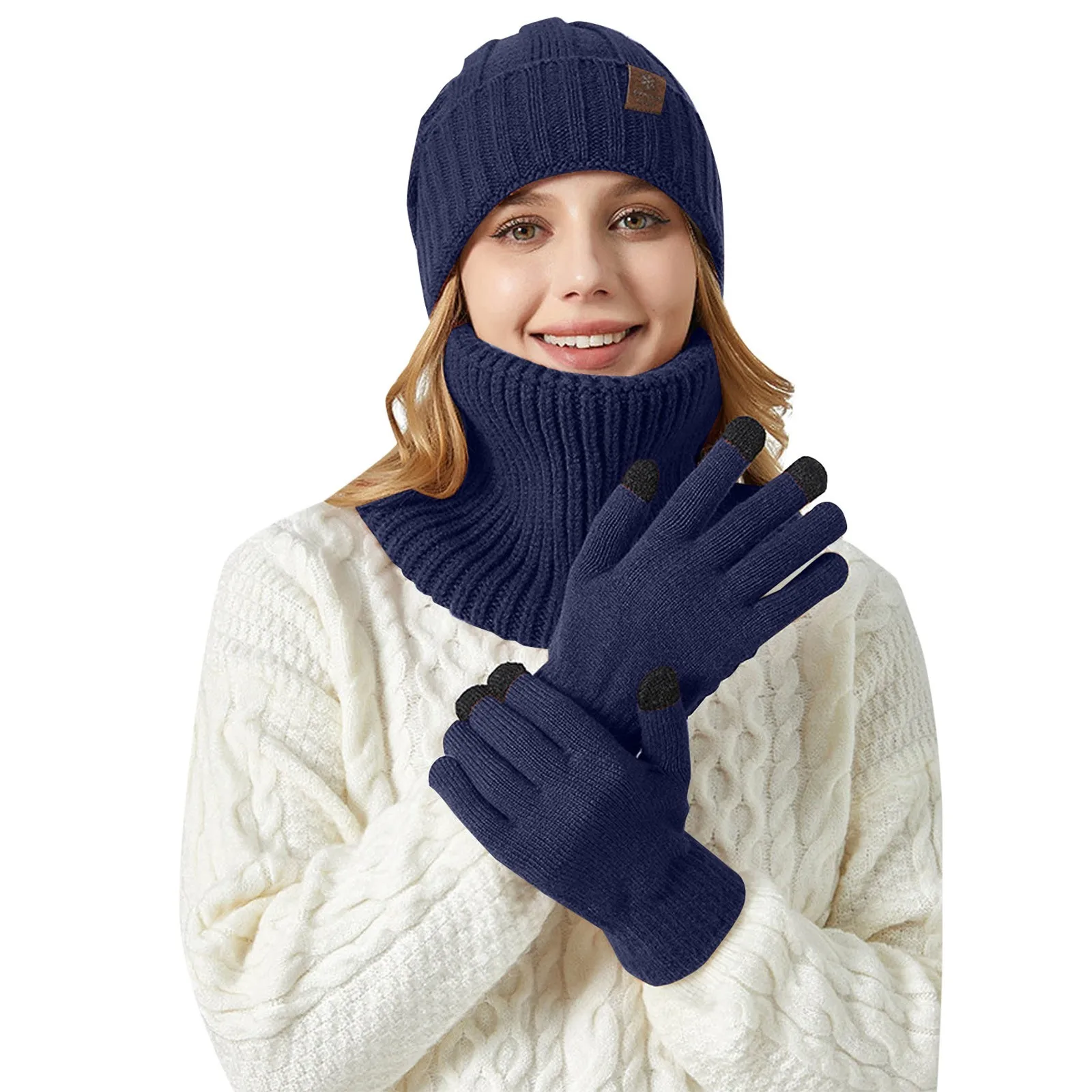 Conjunto de tres piezas para hombre y mujer, gorro de punto grueso y sólido, bufanda y guantes, 2024