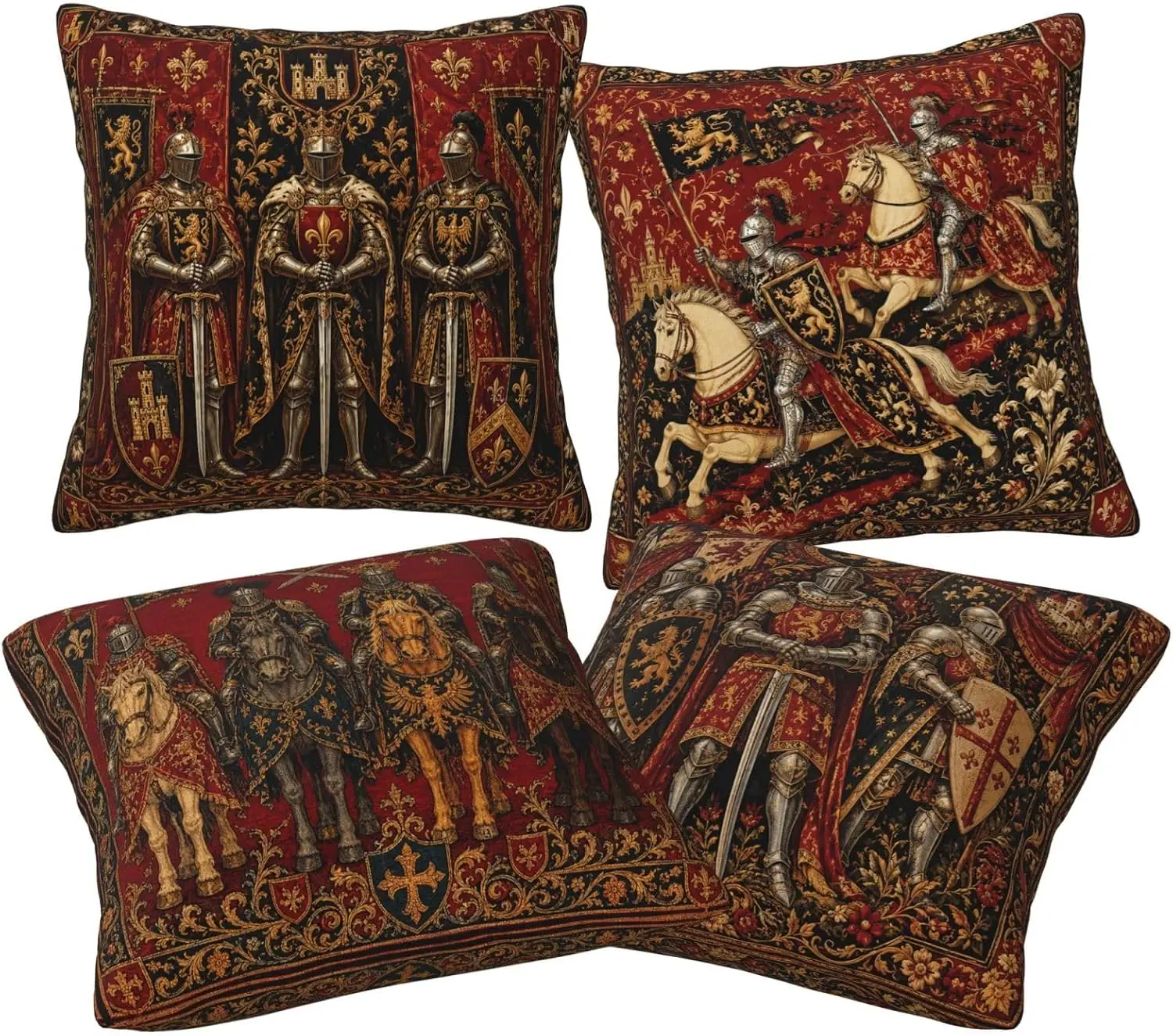 Vintage Medieval Knight Set of 4 Double Sided Throw Pillow Covers Armor Cushion Cases Decor for Couch Sofa Home