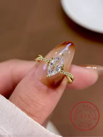 925 Sterling Silver Gorgeous Shining Golden Marquise Zircon Ring For Women Anniversary Party Luxury High Quality Fine Jewelry