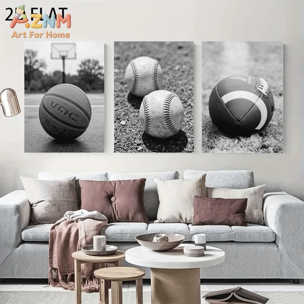 AZNM Frameless Canvas Wall Art, Black and White Basketball Baseball Football Print, Vintage Sports Wall Decor for Living Room Be