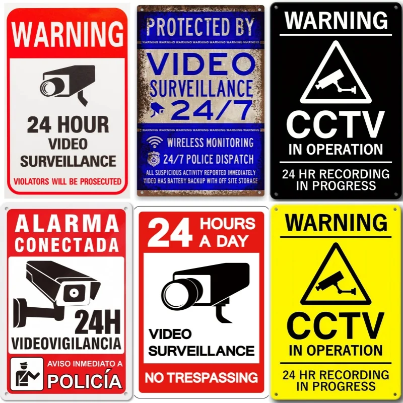 Vintage 24-hour Video Surveillance Metal Tin Sign Plaque Security Warning Decorative Plates for Outdoors Bar Cafe Club Home Room