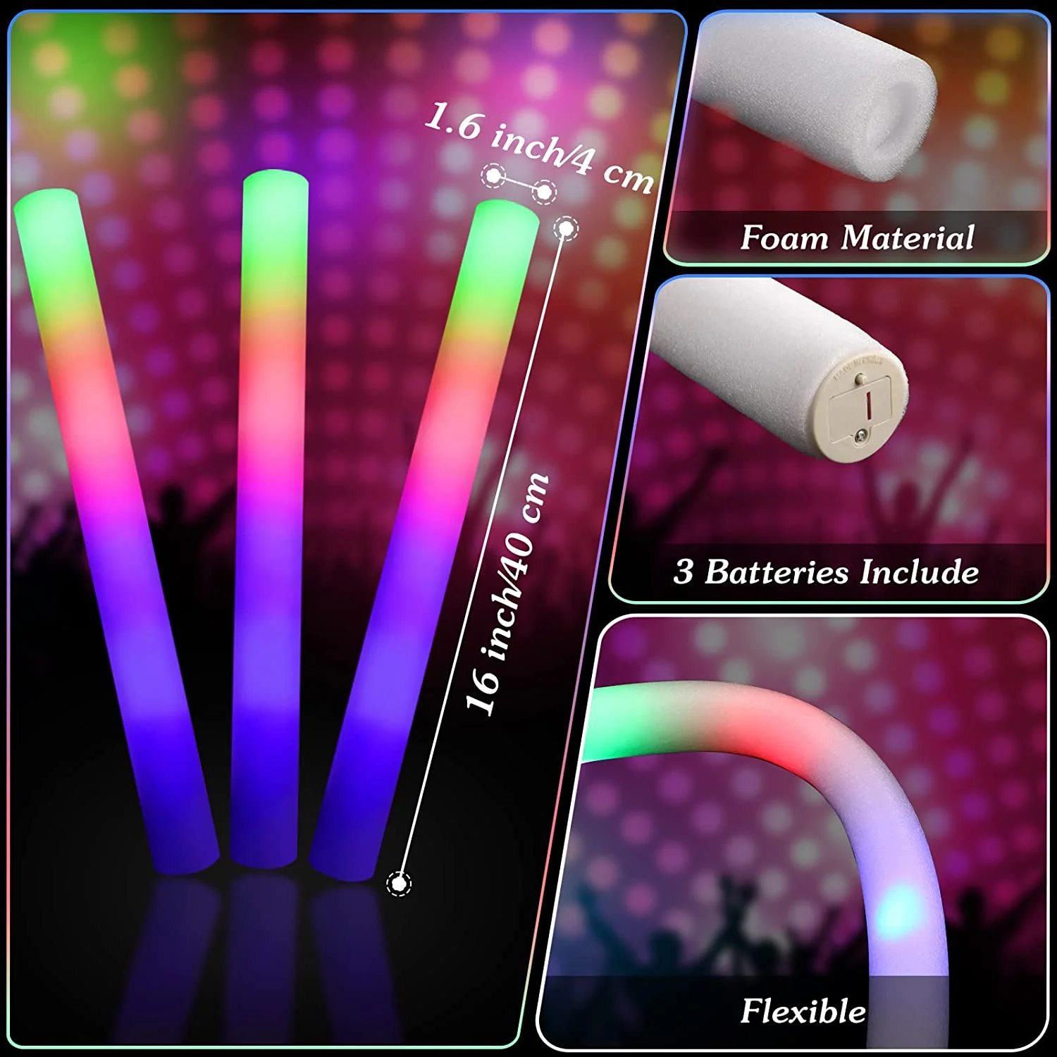 10/12/15/30/60pc/lot Led Foam Glow Stick Bulk Cheer Tube Rgb In The Dark Xmas Flashing Light Up Custom 16 Inch Colorful Party DJ