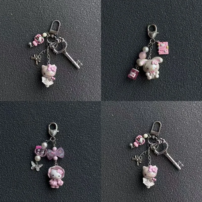 Kawaii Hello Kitty Pink Cat Bow Key Bag Pendant Anime Cartoon Doll Sweet Girl Mobile Phone Pendant Accessories Keychain Ring view 2