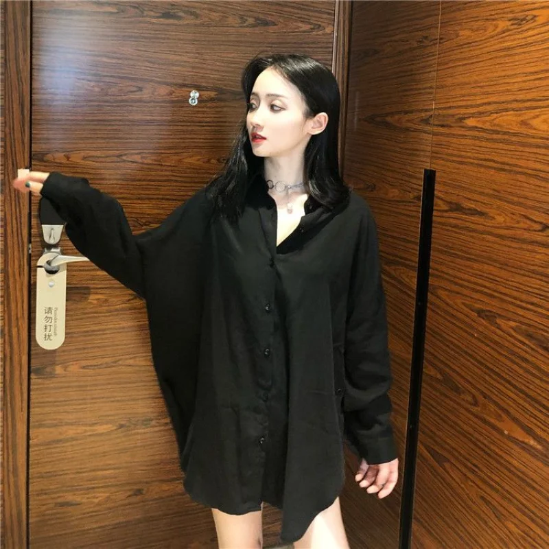 Vintage Black All-match Blouse Spring Autumn New Long Sleeve Polo Neck Solid Loose Shirt Tops Street Casual Trend Women Clothing