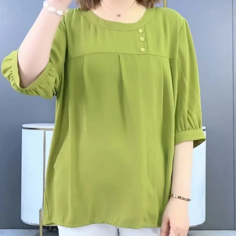 Clothes for Women 2024 Summer Stylish Green Oversized Blouse Casual O Neck Half Sleeve Shirts Simple Ruffled Tops Female Blusas