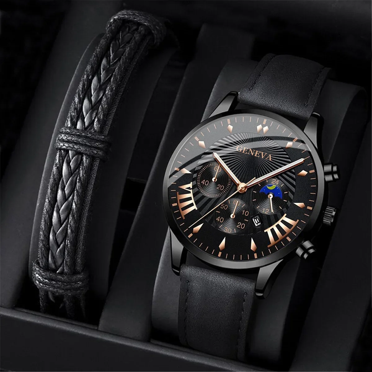 Montres à quartz pour hommes d'affaires, montres-bracelets de luxe, bracelet en cuir noir, montre décontractée pour hommes, grand cadran rond, 2 pièces, nouveau