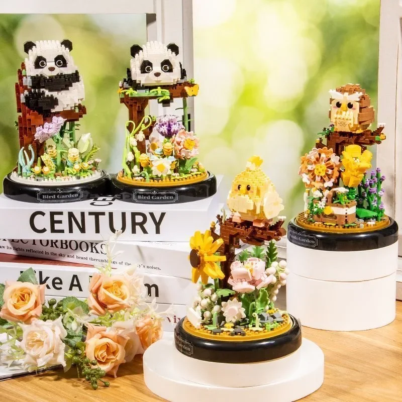 Flower Bouquet Dust Cover Owl Bird Set Building Blocks Cute Animal Bonsai Collection  Educational Toys Model for Christmas Gift