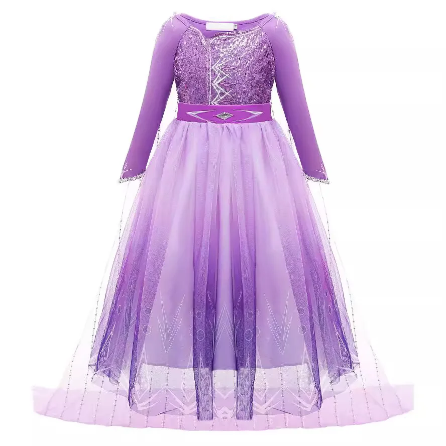 Mädchen Schneekönigin Lila Kleid Pailletten Langarm Farbverlauf Tüll Schleppkleid Kinder Elsa Kostüm für Geburtstag Halloween – Detail 6