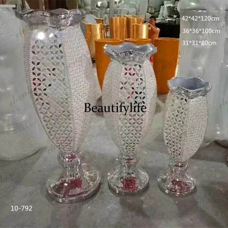 A95 new Chinese style diamond floor-to-ceiling large vase FRP flower ware hotel shopping mall home decoration ornament