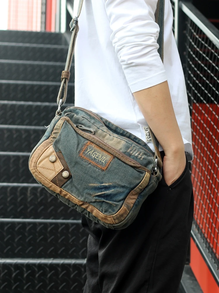 Casual Canvas Shoulder Bag Unisex Commuter Style Retro Foldable Small Square Shape for Youth with Zipper Closure And Internal...