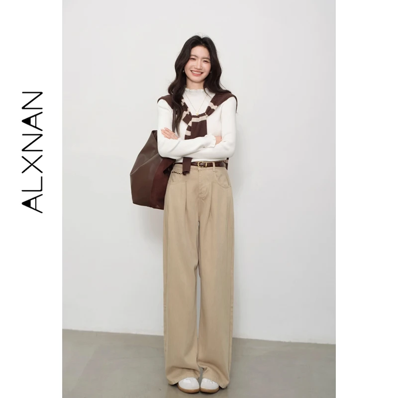 ALXNAN Khaki Jeans Women 2026 Fall High-waist Wide-leg Baggy Pants Vintage Straight Loose-fit Cotton Trousers Female L57231