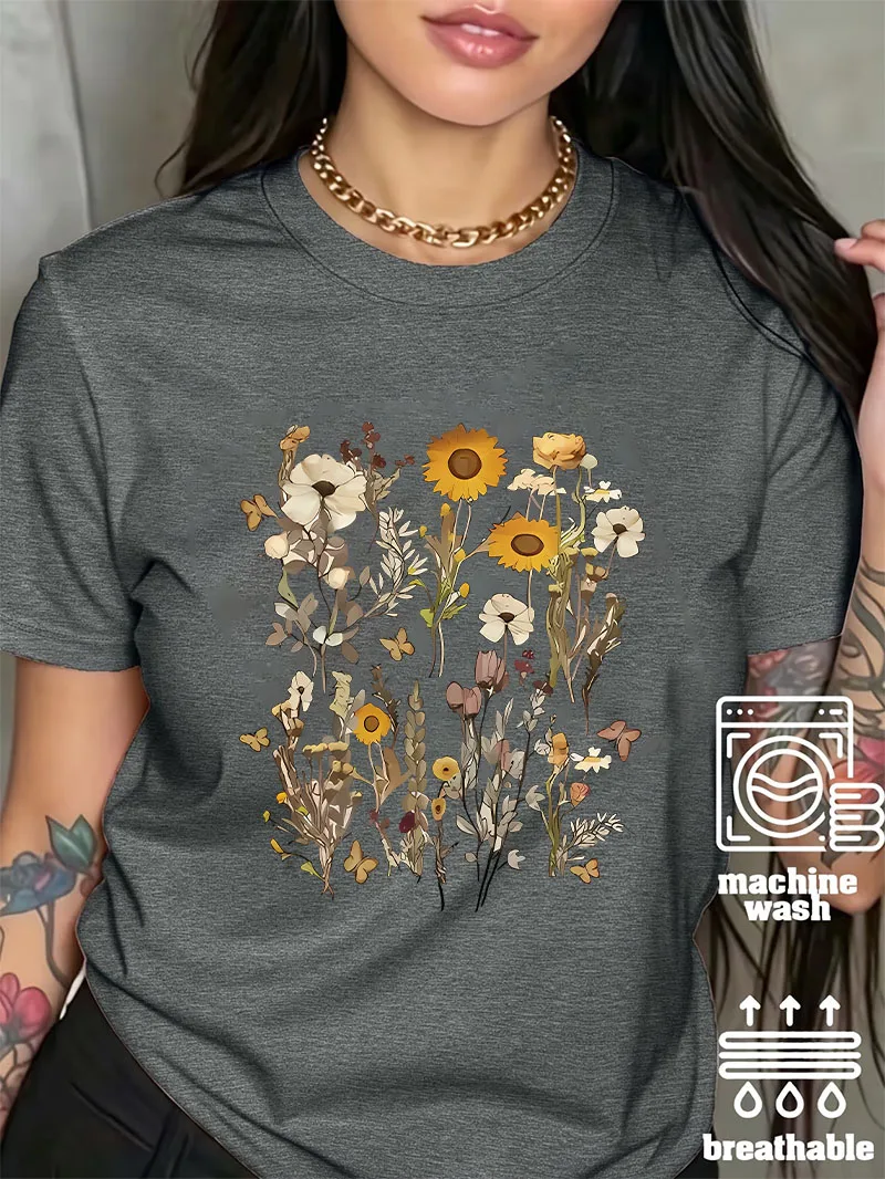 Elegant T-shirt Ladies Casual Short Sleeve Tee Flowers Botanical Graphic Tshirt Crewneck Soft Tops for Summer Daily Outfit Women