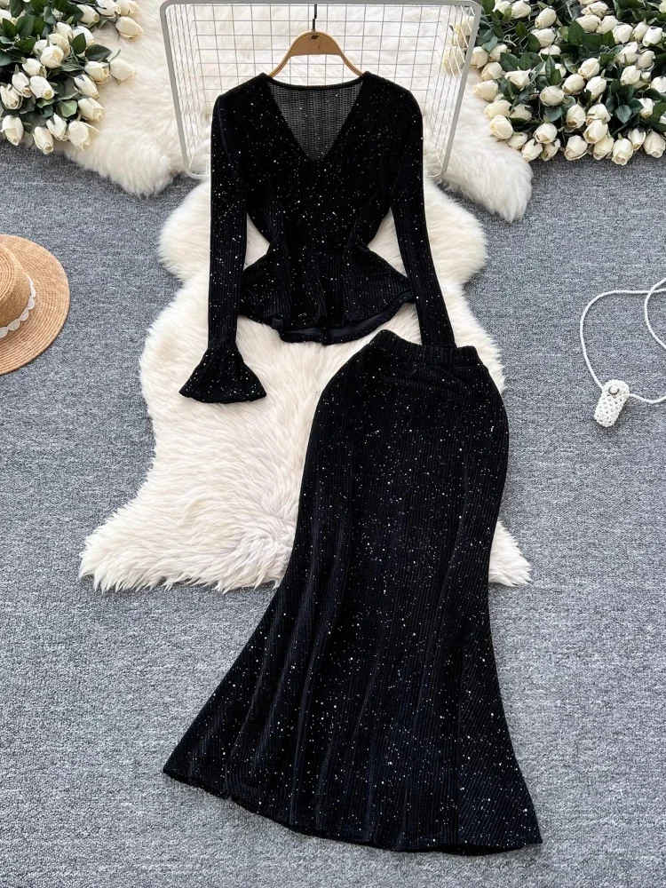 Elegant Black Shiny Suit New V-Neck Metal Buckle Trumpet Sleeve Tight Waist Tops+High Waist Hip Fishtail Skirt 2-Piece Set Women