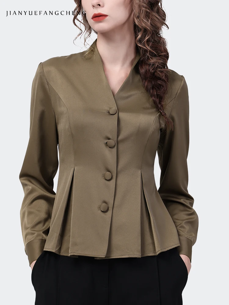 Satin Top Womens Long Sleeve Olive color Shirt 2024 Spring Summer Tops Elegant Slim V-neck Cinched Waist Blouses