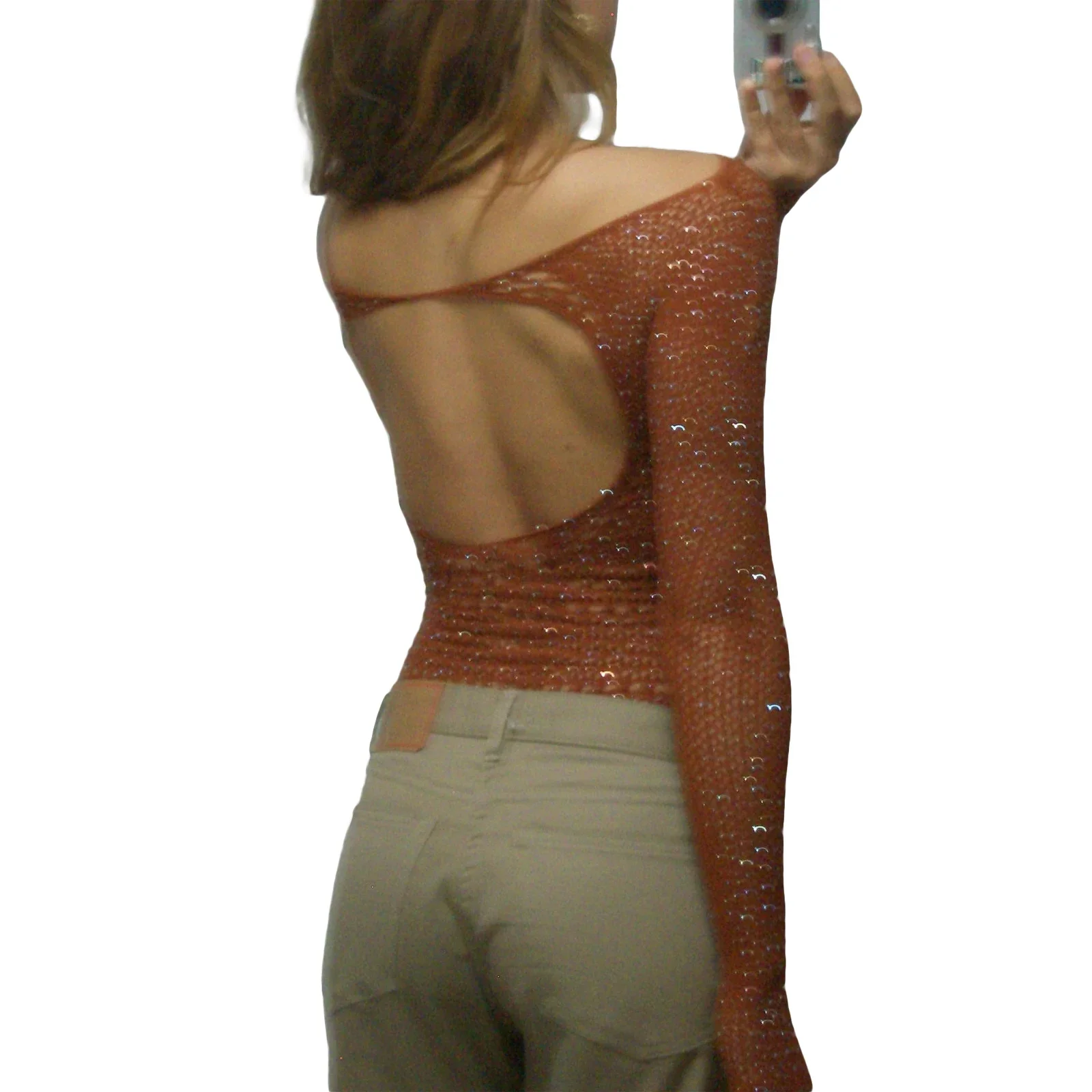 Y2k セクシーな中空アウト網タイツトップス女性 ​ ​ ソリッドカラー長袖バックレスシアーメッシュシニーシャツブラウスヴィンテージストリートウェア