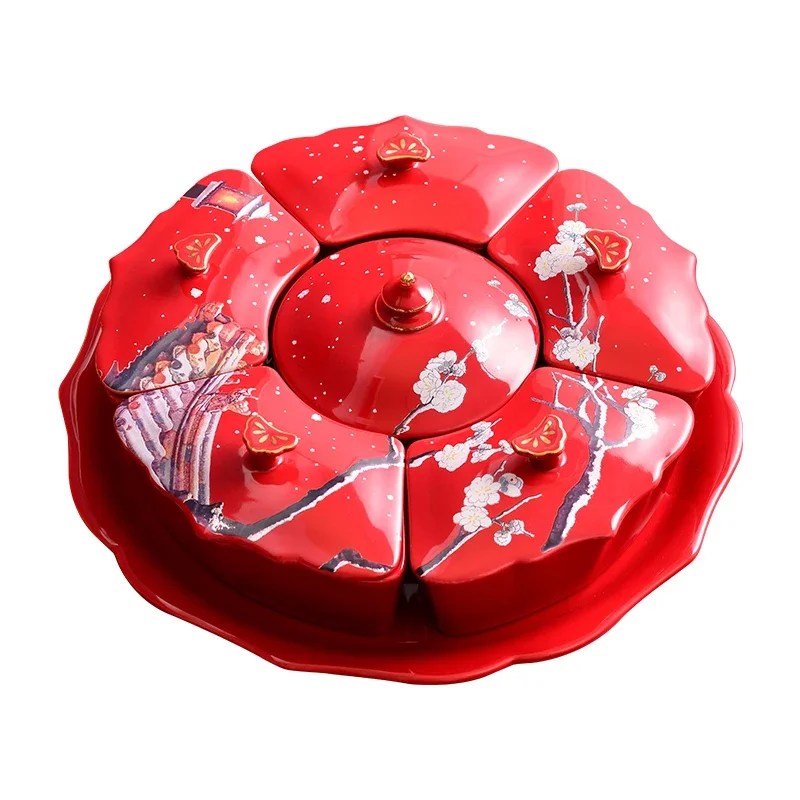 

Красная тарелка с фруктами, китайский Новый год, вращающийся поднос для сухофруктов, свадебная коробка конфет, креативное хранилище для орехов