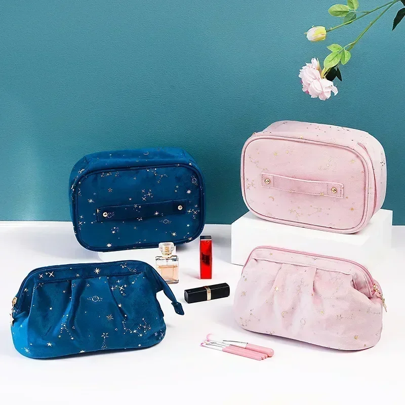 LW021  Hot Gold Star Moon Flannel Cosmetic Bags Portable Large Capacity Velvet Make Up Storage New Fashion Wet Dry