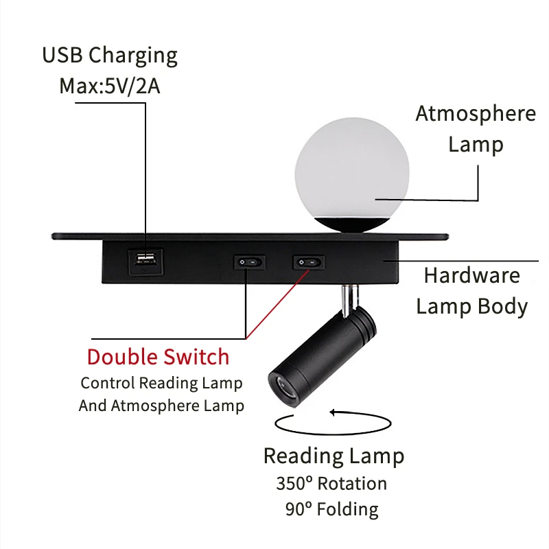 Imagem -05 - Moderno Arandela com Prateleira de Carregamento Usb Led Quarto Cabeceira Luz Parede com Interruptor Ajustável Lâmpadas Parede Leitura Luminárias 5w