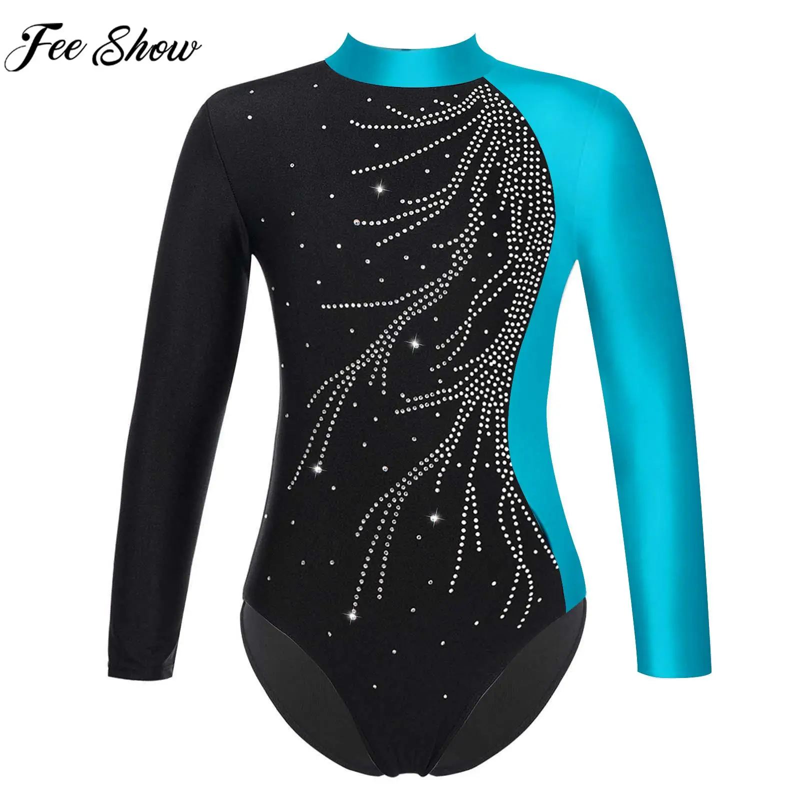 6-16Y Girls Ballet Dance Gymnastics Leotard Figure Skating Acrobatics Performance Costume Long Sleeve Shiny Rhinestones Bodysuit